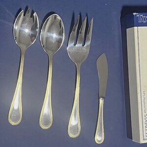 TOWLE BEADED ANTIQUE GOLD ACCENT 18/8 Stainless Flatware GERMANY 4pc Hostess Set